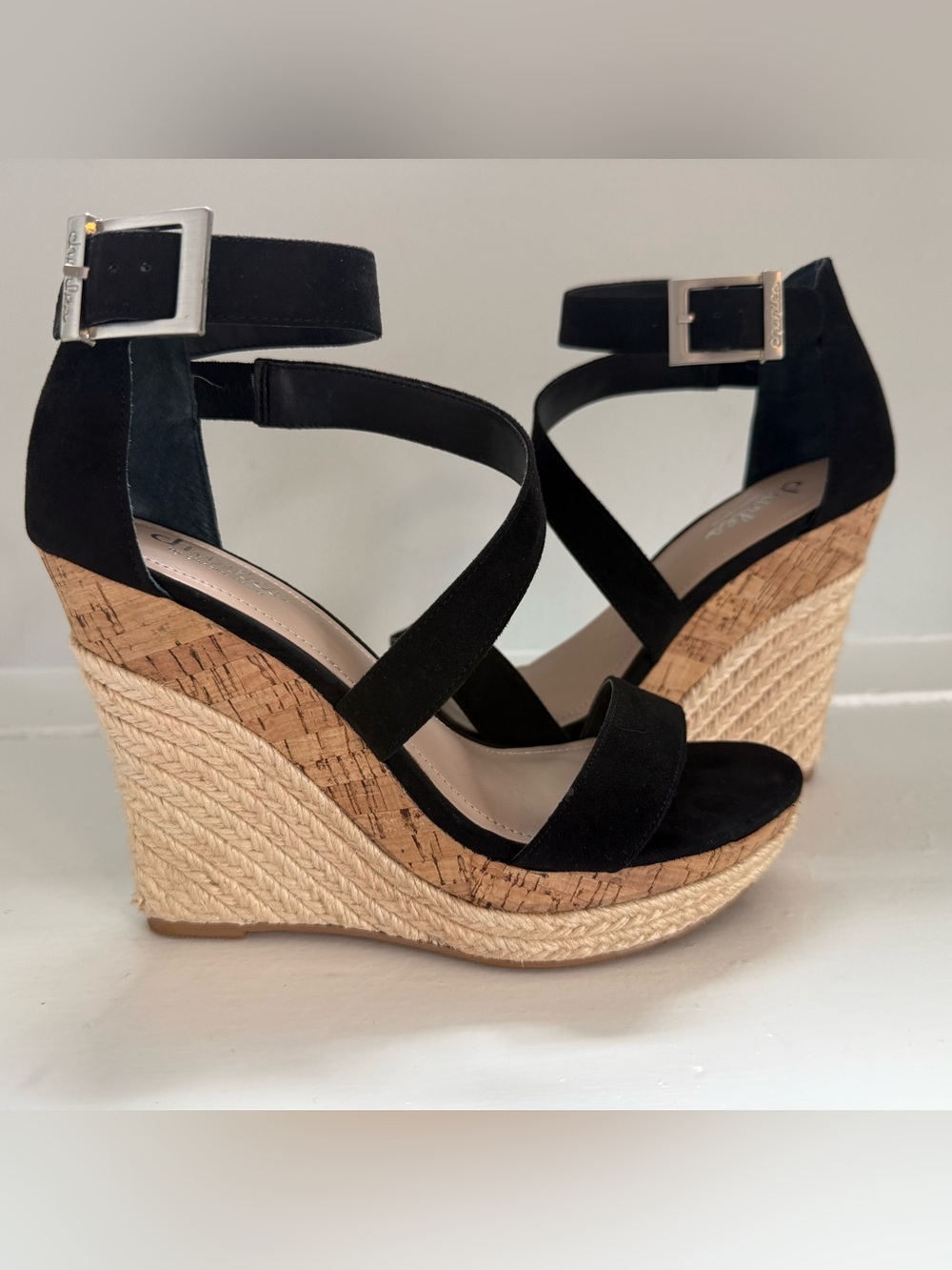 Charles David Black Suede Cork Espadrille Wedge Sandals
